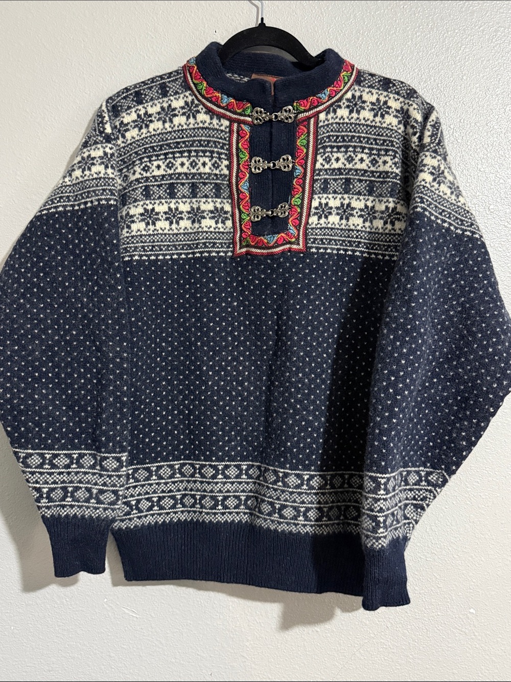 Men's Navy Nordic Crewneck Sweater with Embroidered Placket